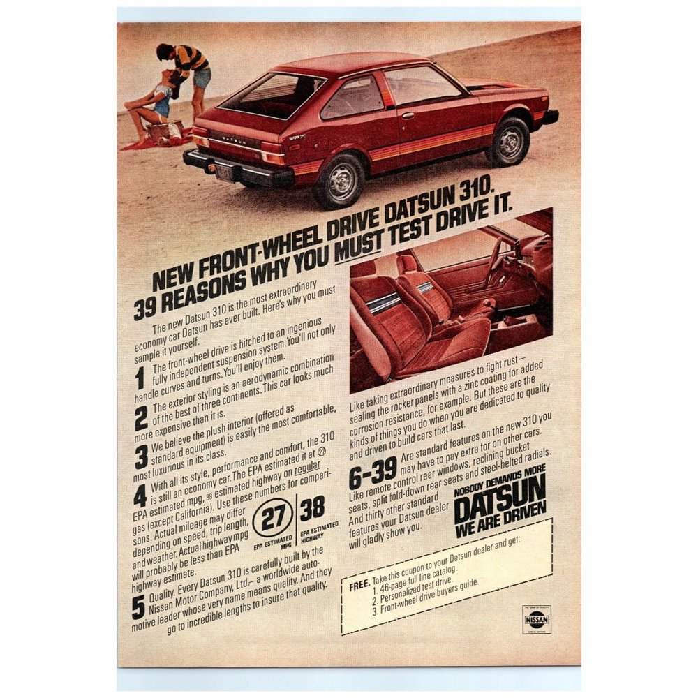 1979 Datsun 310 Hatchback Vintage Print Ad Couple Beach Blanket Wall Art Photo